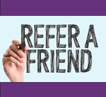 Refer a Friend words with hand and pen